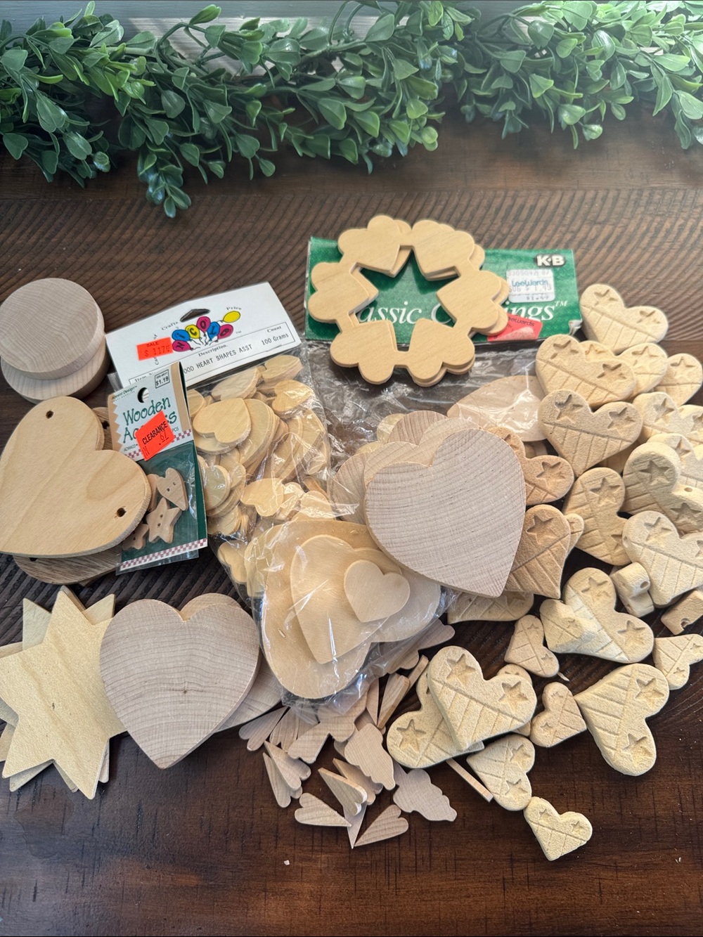 Bundle of 73 Unfinished Wooden Craft Shapes - Hearts, Stars & More